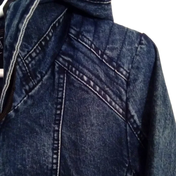 Oxygen Women's Hooded Long Moto Lined Denim Zip Up Jacket Pockets Small - Picture 8 of 14